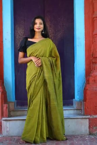 Pure Cotton Plain Saree - Light Green