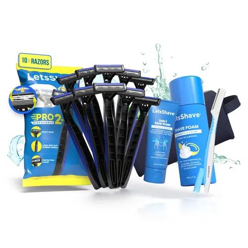 LetsShave Pro 2 Disposable Pack Of 10 Combo Pro 2 Plus Disposable Razor (10)+Face Wash 30 Ml+Shave Foam -200G+Travel Pouch+Pro Styler