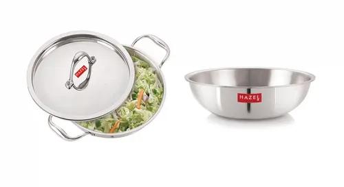 HAZEL Triply Stainless Steel Induction Bottom Tasra and Kadhai with Steel Lid, 2.6 Litre, 24.5 cm