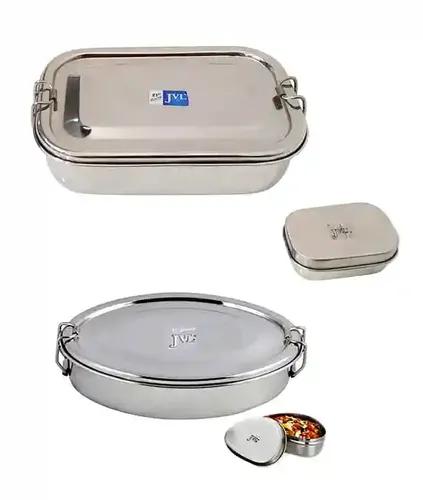 Jvl Stainless Steel Rectangular Single Layer Lunch Box With Small Container & Big Oval Lunch Box With Mini Container Not Leak Proof - Pack Of 2