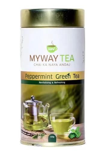 MYWAY TEA Peppermint Green Tea Leaves Loose Leaf Tea, Natural Spearmint, Herbal Infusion Tea, Immune, Low Bitterness, Zero Calories & Improves Metabolism (100Gm) Pack of 1