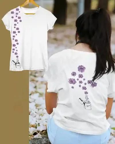 Purple Bloom Women's Double-Sided Floral Tee | 100% Premium Bio Wash Cotton T-Shirts - S  (White)