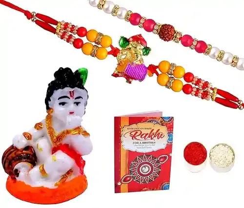 Set Of 2 Rakhi For Brother With Gift/Rakhi Gift Combo/Multi-Colour Non Precious Metal Combo Of 2 Rakhi-Gold Plated Peacock Rakhi+Beads Rakhi+Showpiece Figurine +Roli, Chawal+Rakhi Greeting Card