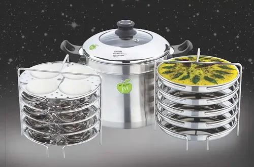 JVL Stainless Steel Round Designer Idli Cooker With 5 Dhokla Plates With Glass Lid - Each Cavity (4 Idlis)