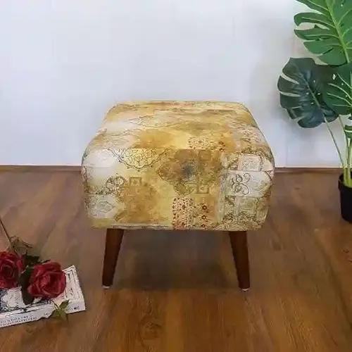 YELLOW Ribbon Puffy Stool for Living Room Vanity Dressing Table Sitting Printed Premium Foam Cushioned Pouffe Ottoman for Foot Rest in Yellow Brown Home Decor Furniture_Traditional Hues