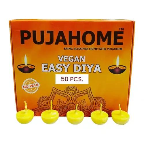 Pujahome Cotton Wicks with Ghee Wax Free Vegan Diya Batti for Daily Puja Readymade Ghee Diya Batti Easy to Use Long Lasting (50 Pieces Per Pack, Pack of 2, Yellow)