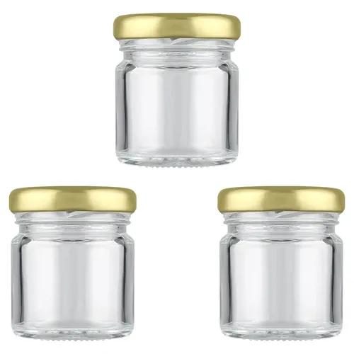 Shiva Organic 41ml Round Glass Jar for Kitchen Storage | Food Grade Glass Container | Golden Metal Cap | Air Tight Lid | Clear Transparent Jar (Pack of 3)