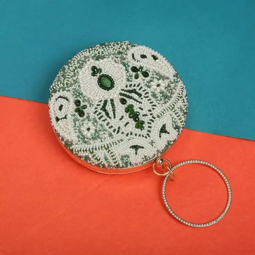 Women's Round Embroidery Clutch - Green