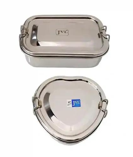 Jvl Stainless Steel Rectangular Single Layer Lunch Box With Inner Plate - Big & Heart Lunch Box Not Leak Proof - Pack Of 2