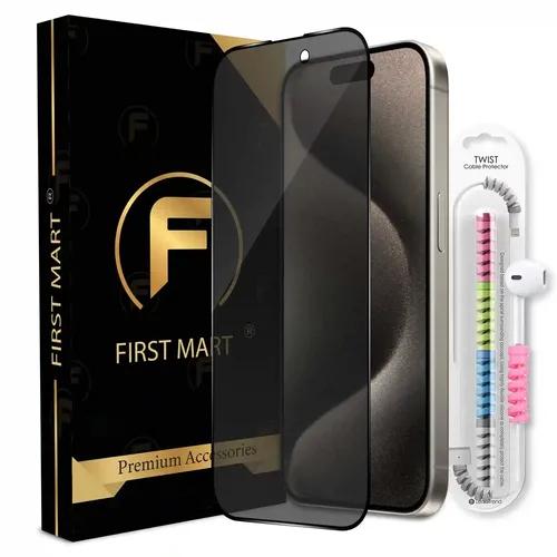 FIRST MART Privacy Tempered Glass for iPhone 15 Pro Edge to Edge Full Screen Coverage & Cable Protector & Easy Installation Kit