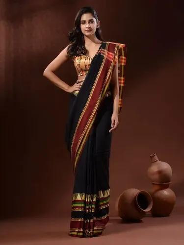 Plain Cotton Temple Check Border Handloom Saree - Black