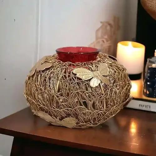 YELLOW Ribbon Diya Candle Metal Tea Light Butterfly Nest Decorative Tea Light with Beautiful Cutwork Reflection Decorative & Gifting for Diwali/Events Decor