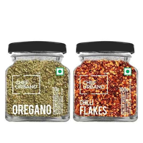 Chef Urbano Combo of Oregano 70g and Chilli Flakes100g | | Combo Pack of 2 | Italian Herbs | Pizza and Pasta Seasoning | Premium Herbs and Spices | Flakes/Leaves | Glass Bottle