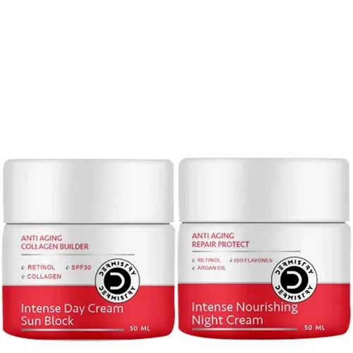 Dermistry Anti Ageing Collagen Builder Spf30 Retinol Hyaluronic Acid Sunblock Day Cream & Repair Protect Moisturizer Night Cream With Biotin Vitamin E Green Tea Ext And Lifts Fine Lines & Wrinkles And Hydrating Skin Nourishing Age Protect And Firming Renewal ( Pack Of 2 - 100 Ml )