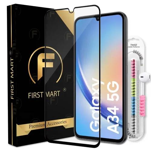 FIRST MART Premium Tempered Glass for Samsung Galaxy A34 5G / Samsung M34 5G / Samsung F34 5G with Edge to Edge Coverage and Cable Protector and Easy Installation Kit, Pack of 1