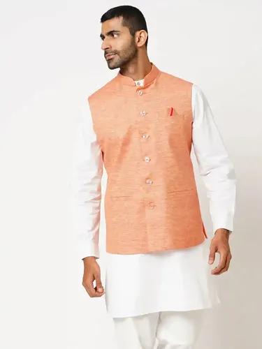 Indivisual Men's Two tone Yarn Dyed Orange Peel Nehru Jacket - S(Orange)