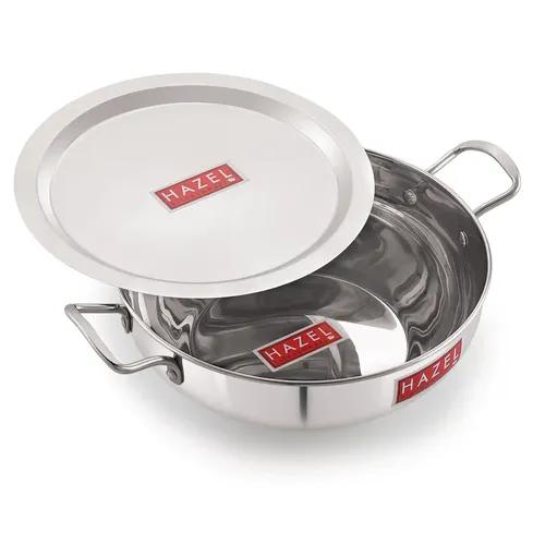 HAZEL Induction Base Kadai Kadhai | Stainless Steel Deep Karahi Induction Bottom Kadahi with Steel Lid Cover 24.7 cm Cookware Utensil, (Kadhai 22 cm, 2500 ml), Silver