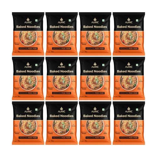 Auric Baked Mexican Peri Peri Noodles 70g (Pack of 12) Baked, Not Fried | Zero Maida, Zero Oil & Zero MSG | Rich Vegetarian International Flavour| Easy To Make Millet Noodles With 50% More Protein