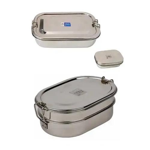 Jvl Stainless Steel Rectangular Single Layer Lunch Box With Small Container & Big Cpaule Double Layer Lunch Box With Inner Plate Not Leak Proof - Pack Of 2