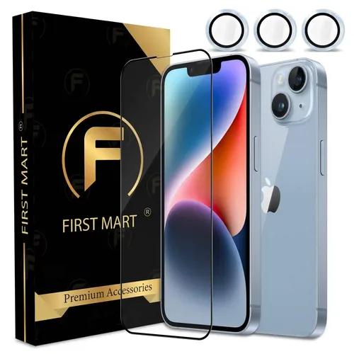 FIRST MART for iPhone 14 Tempered Glass and 1 Set of Individual Blue Camera Rings Protectors, 2.5D Curved Edges, Full-Coverage Military-Grade Protection, Scratch Resistant | Blue Rings