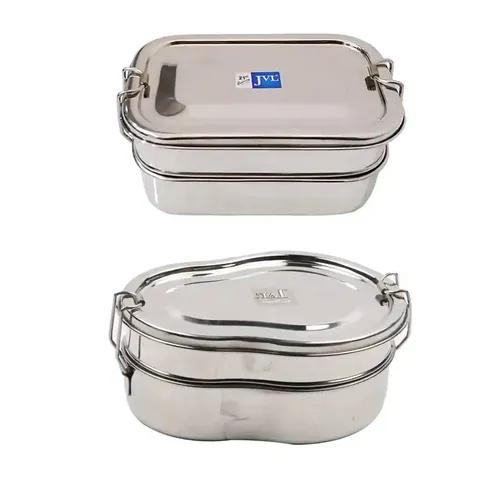 Jvl Stainless Steel Rectangular & Guitar Shape Double Layer Lunch Box With Inner Plate - Set Of 2