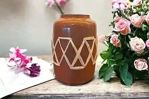 YELLOW Ribbon Brown Metal Vase Decorative Accent Flower Pot Artifacts for Home Unbreakable Handcrafted Handmade Flower vase Table Top Decor Tableware Shelf Showcase Console Living Room Decoration.