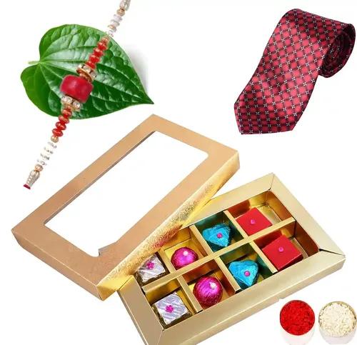 Mantouss Rakhi For Brother With Gift/Rakhi For Brother With Chocolate-Golden Chocolate Box For Bhai+Rakhi+Men'S Neck Tie+Roli, Chawal