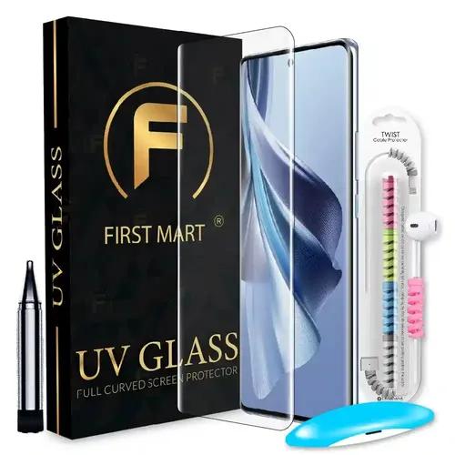 FIRST MART Tempered Glass for Oppo Reno 10 5G / Reno 10 Pro 5G / Reno 11 5G with Edge to Edge Full Screen Coverage and Easy UV Glue Installation Kit and Cable Protector, Pack of 1