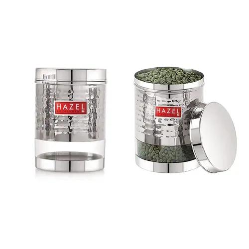 HAZEL Stainless Steel Hammered Finish Transparent Glossy See Through Container, Set of 2, 1350 ML Each, Silver