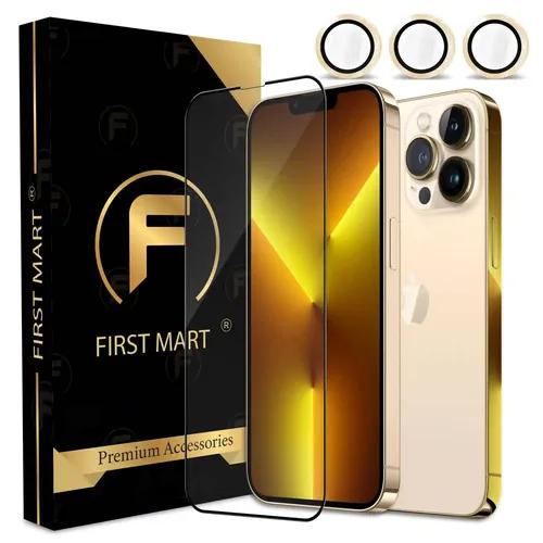 FIRST MART for iPhone 13 Pro Max Tempered Glass and 1 Set of Individual Gold Camera Rings Protectors, 2.5D Curved Edges, Full-Coverage Military-Grade Protection, Scratch Resistant | Gold Rings