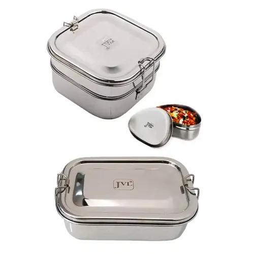 Jvl Stainless Steel Rectangular Shape Single Layer Lunch Box With Inner Plate & Small Square Double Layer With Small Container - Set Of 3