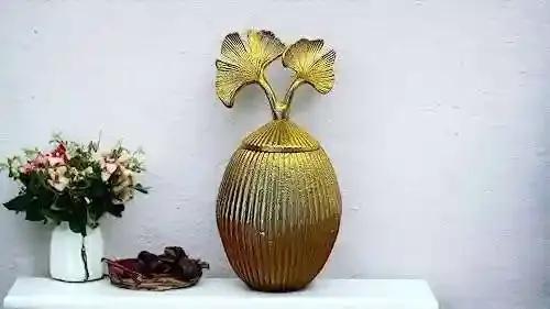 YELLOW Ribbon Metal Vase Decorative Lid Urns Accent Flower Pot Artifacts for Home Unbreakable Handmade Flower Vase Center Table Top Decor Shelf Showcase Console Living Room TV Unit Office Decoration