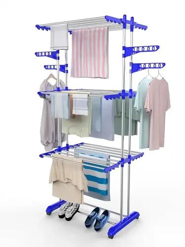 H Houseware Stainless Steel Cloth Drying Stand | Laundry Drying Rack with Wheels | 3 Layer Clothes Stand for Drying | Heavy Duty Single Pole Cloth Stand for Balcony