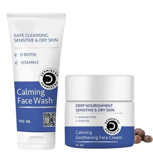 Dermistry Sensitive & Dry Skin Care Calming Soothing Creamy Mild Safe Moisturizing Soap Free Face Wash Safe Gentle Cleansing & Deep Nourishment Calming Soothing Glowing Face Cream And Sulphate Free And D Biotin Vitamin E And Shea Butter D Biotin Hyaluronic Acid And For Men & Women ( Pack Of 2 - 150 Ml )