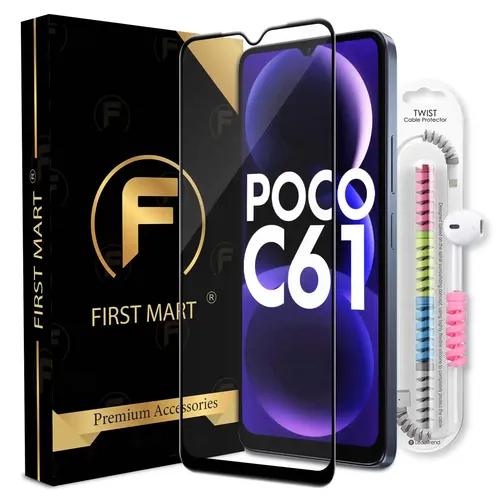 FIRST MART Premium Tempered Glass for Poco C61 5G with Edge to Edge Coverage and Cable Protector and Easy Installation Kit, Pack of 1