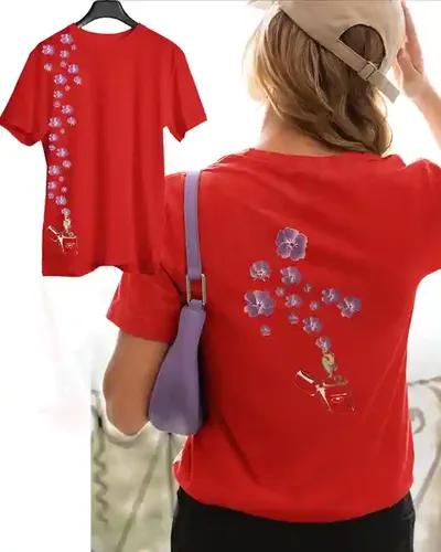 Purple Bloom Women's Double-Sided Floral Tee | 100% Premium Bio Wash Cotton T-Shirts - S  (Red)