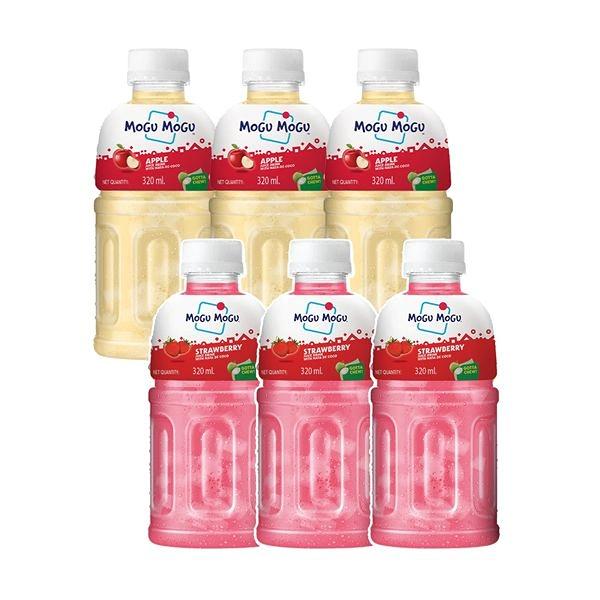 Mogu Mogu Combo Pack of Strawberry & Apple  with 25% NATA De Coco 320ml - (Pack of 6)