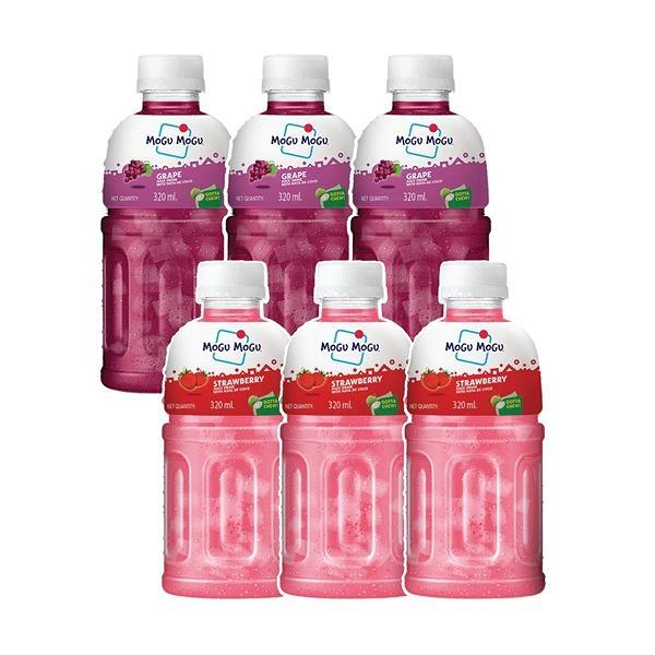 Mogu Mogu Combo Pack of Strawberry & Grapes  with 25% NATA De Coco 320ml - (Pack of 6)