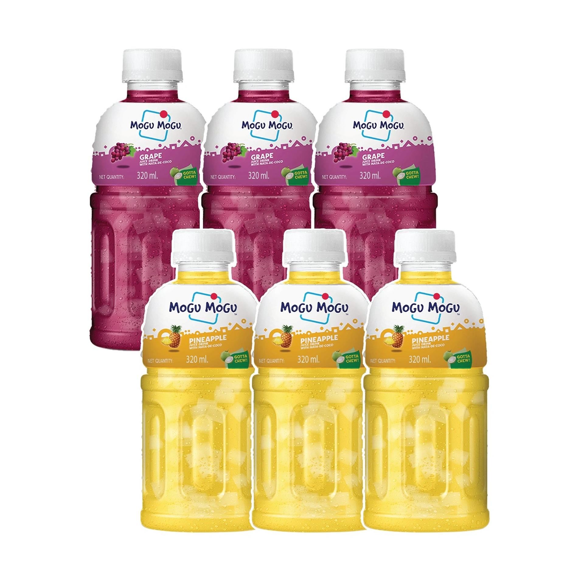 Mogu Mogu Combo Pack of Pineapple  & Grapes  with 25% NATA De Coco 320ml - (Pack of 6)